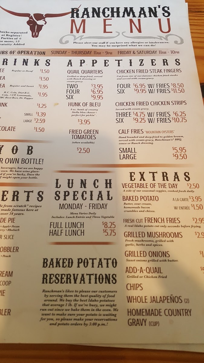 Menu Ranchman's By Marty B-8