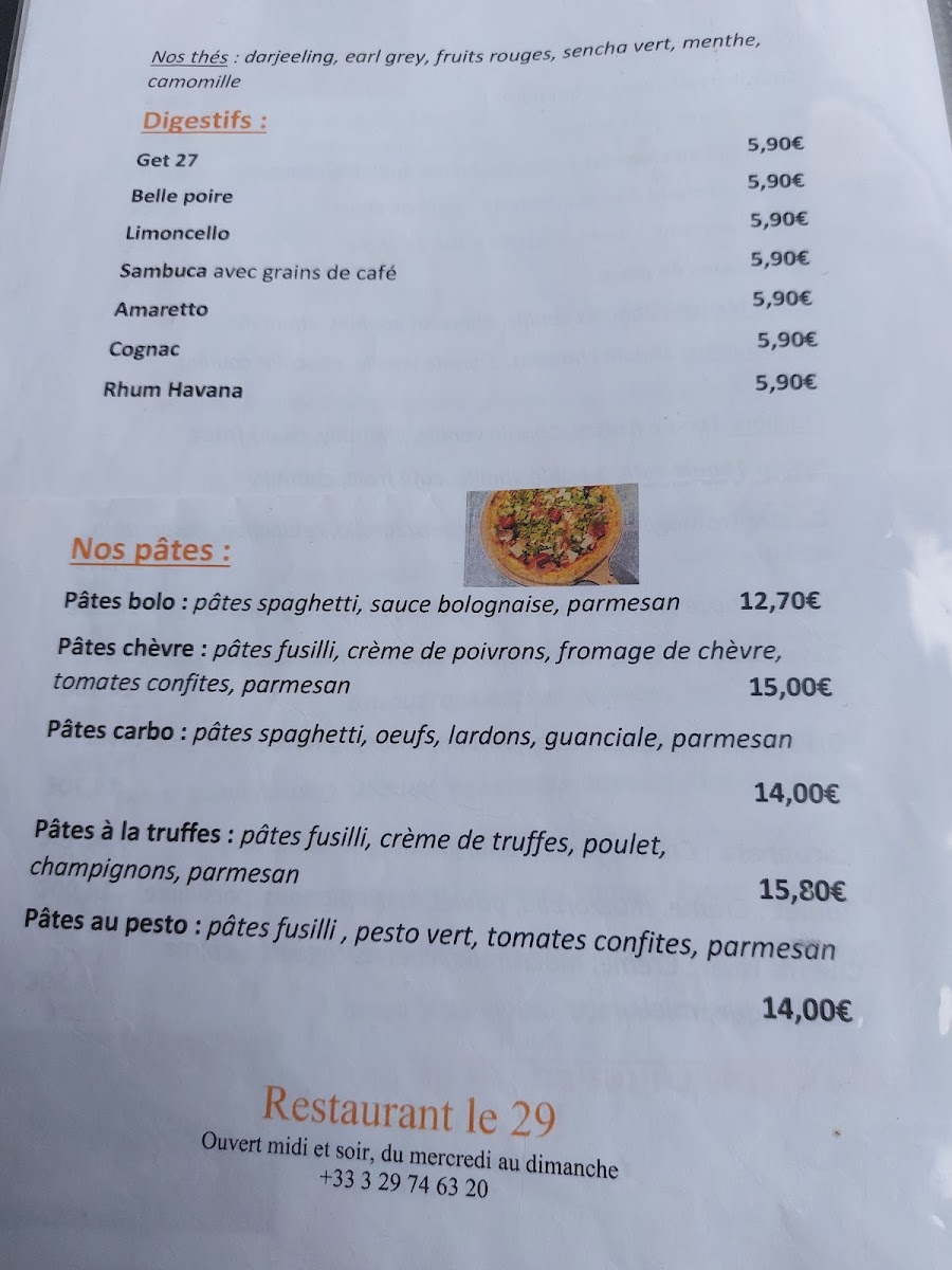 Menu Restaurant Le 29-2