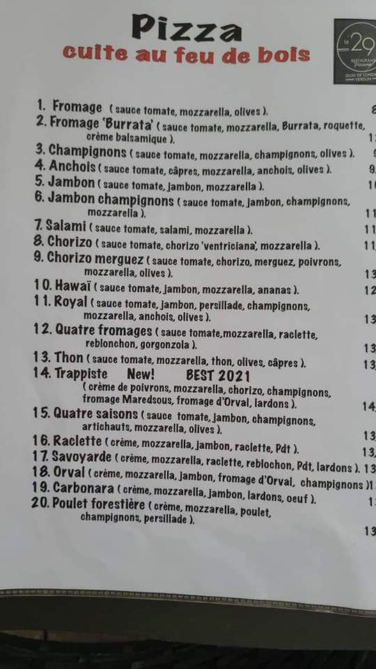 Menu Restaurant Le 29-3