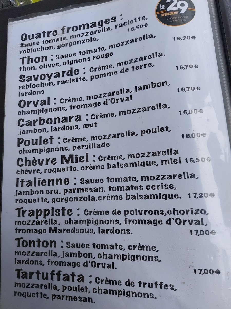 Menu Restaurant Le 29-4