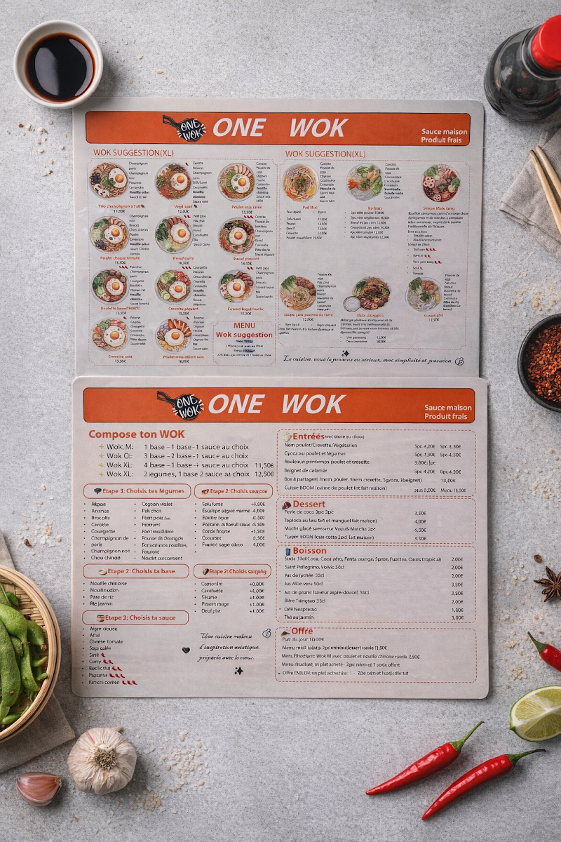 Menu Restaurant One Wok Grenoble – Wok Personnalisé, Pad Thai, Bo Bun（麻辣香锅/麻辣烫/炸鸡）-1