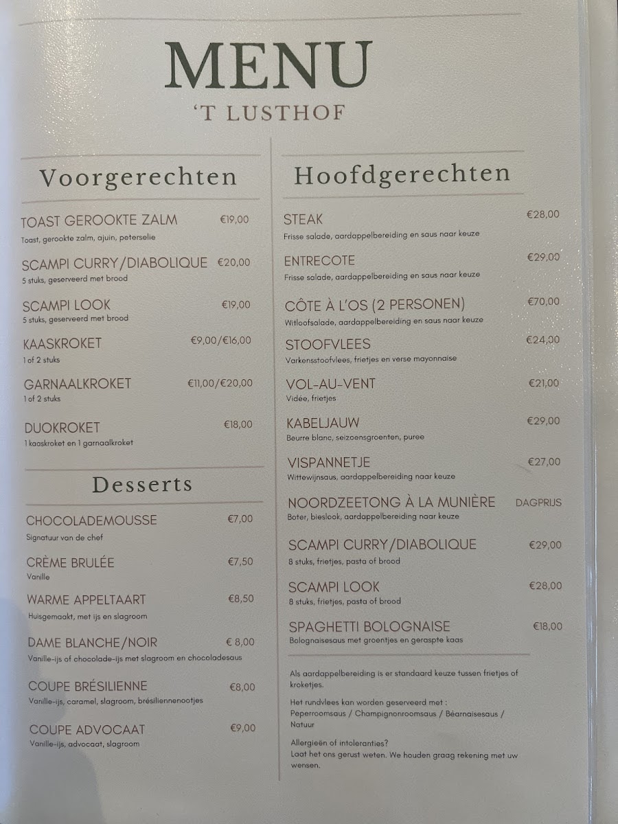 Menu Restaurant 't Lusthof-1