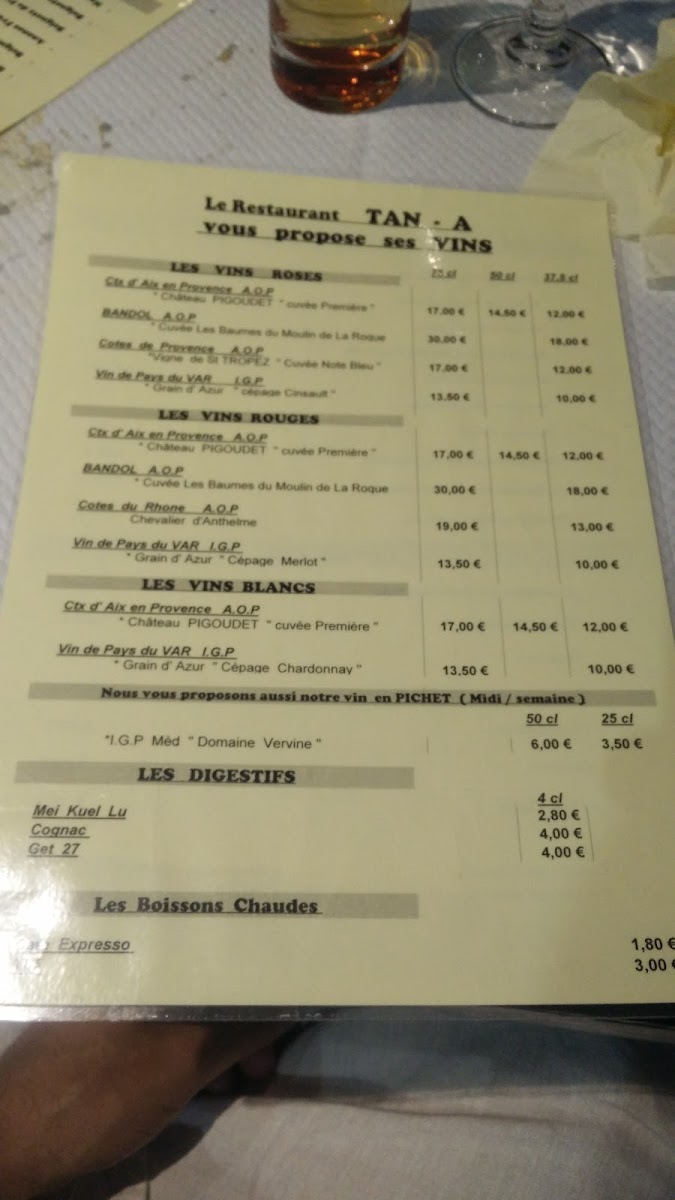 Menu Restaurant Tan A-9