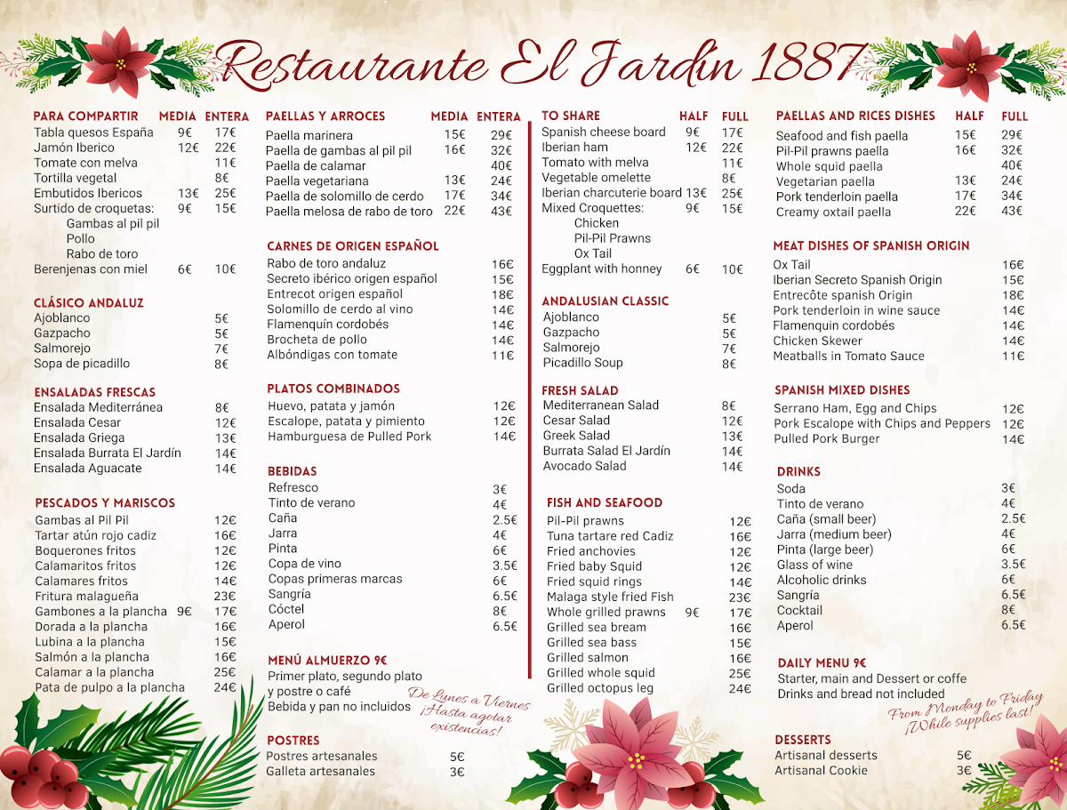 Menu Restaurante El Jardin 1887-1