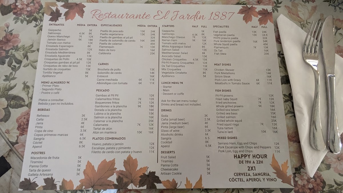 Menu Restaurante El Jardin 1887-8
