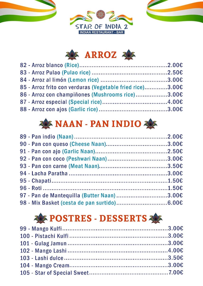 Menu Restaurante Star Of India 2-3