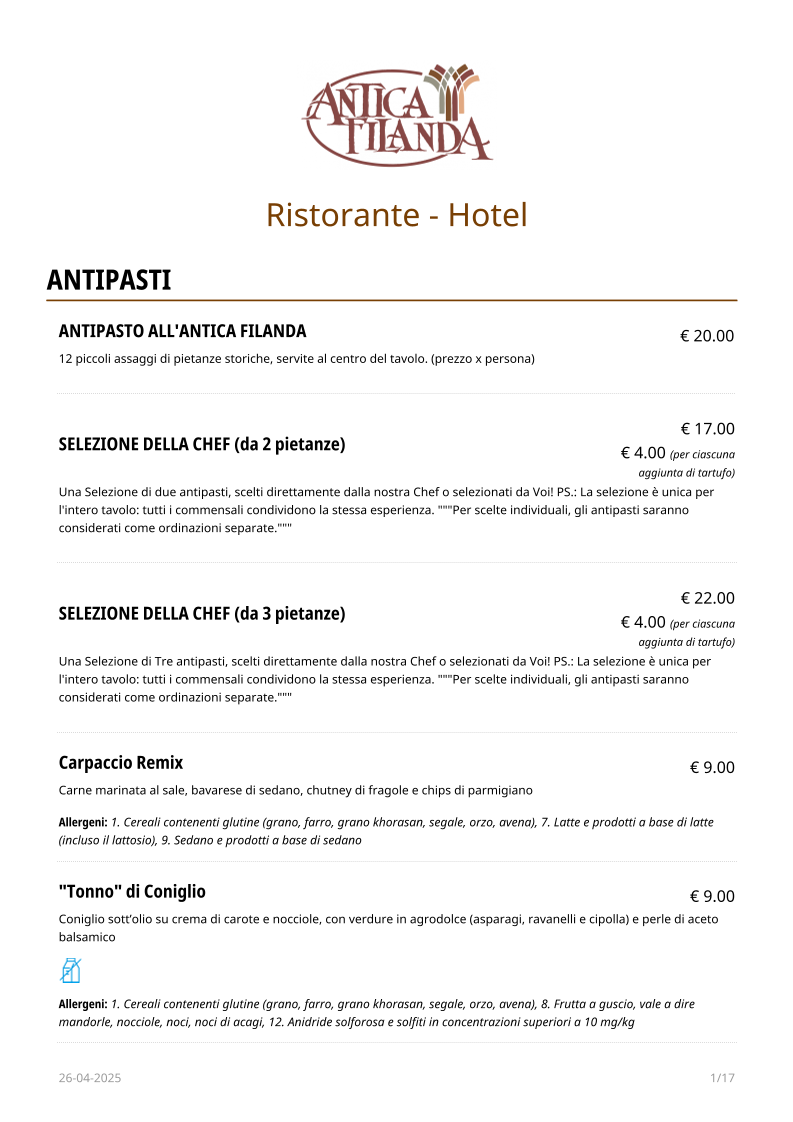 Menu Ristorante - Hotel - Sala Ricevimenti 'antica Filanda'-1