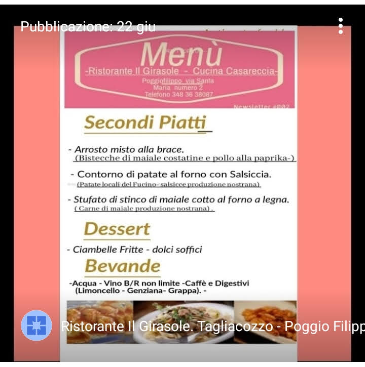 Menu Ristorante Il Girasole. Tagliacozzo - Poggio Filippo (Aq),--1