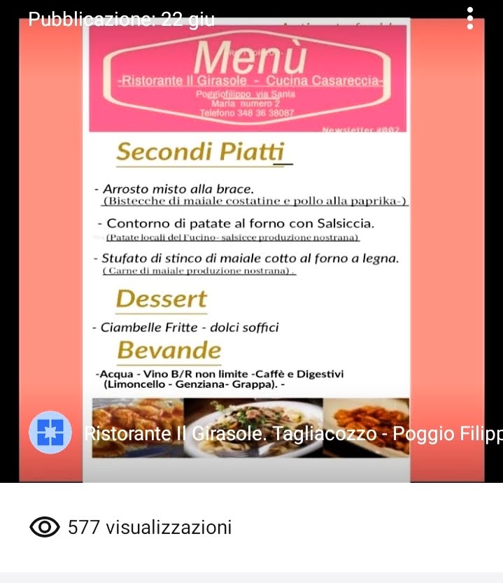 Menu Ristorante Il Girasole. Tagliacozzo - Poggio Filippo (Aq),--9