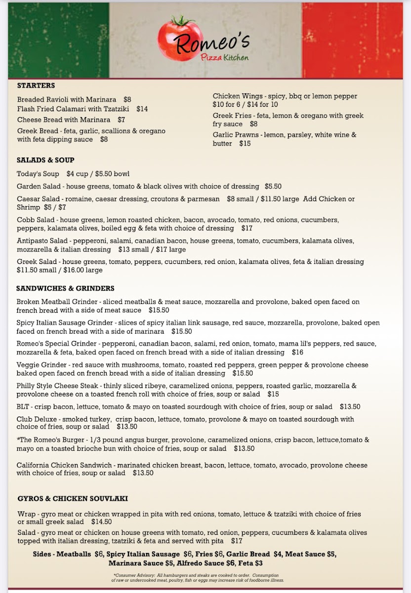 Menu Romeo’S Pizza Kitchen (Restaurant & Bar)-1
