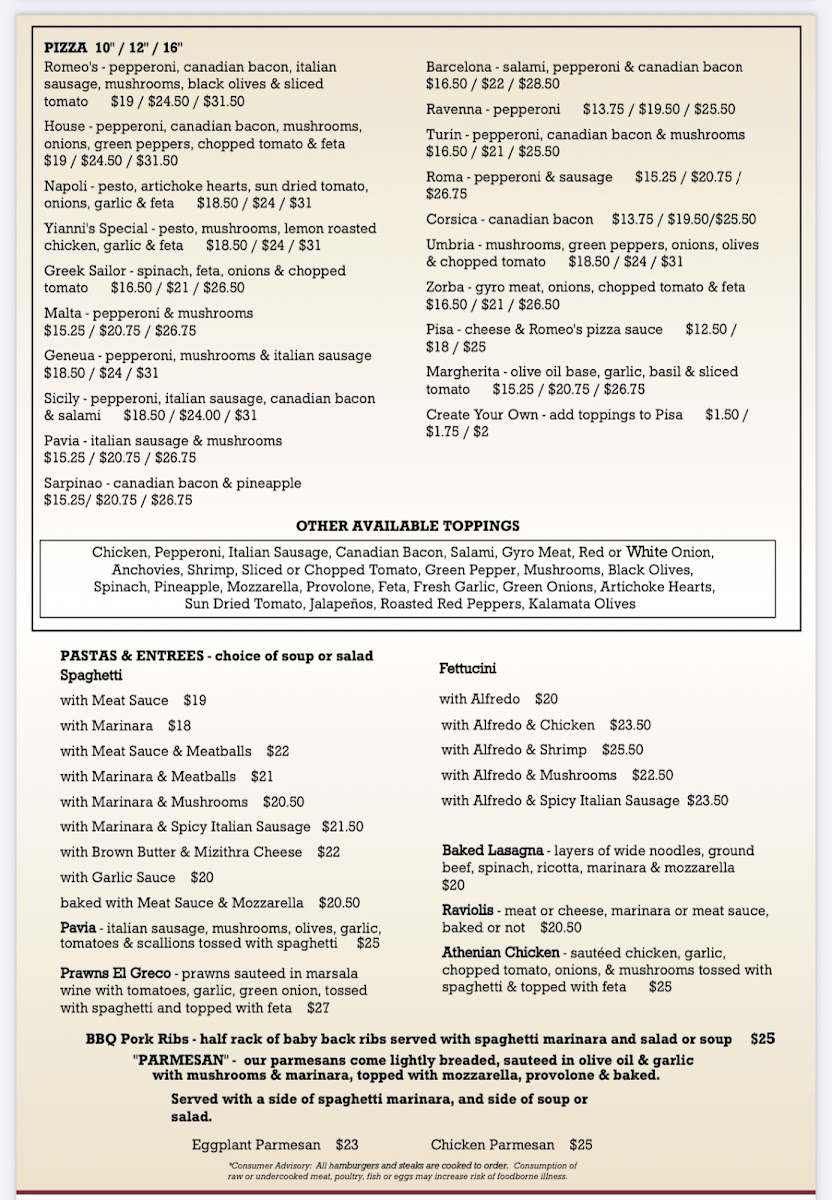 Menu Romeo’S Pizza Kitchen (Restaurant & Bar)-2