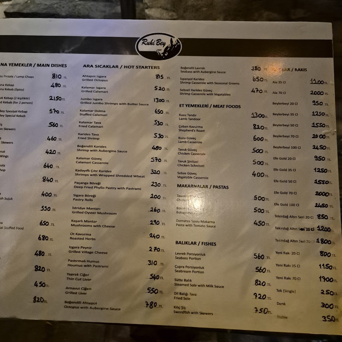 Menu Ruhibey Restaurant 1949-2
