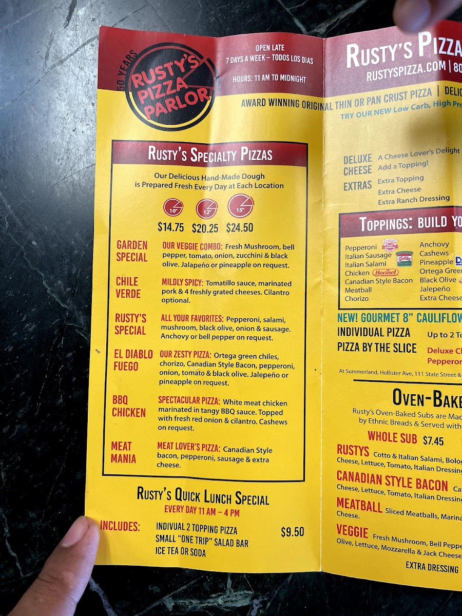 Menu Rusty's Pizza Parlor-1
