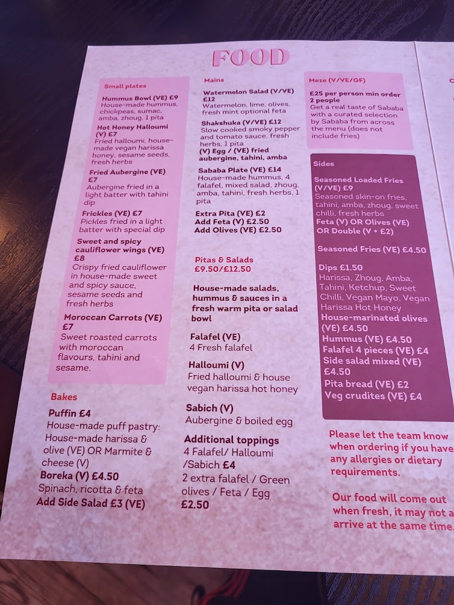 Menu Sababa