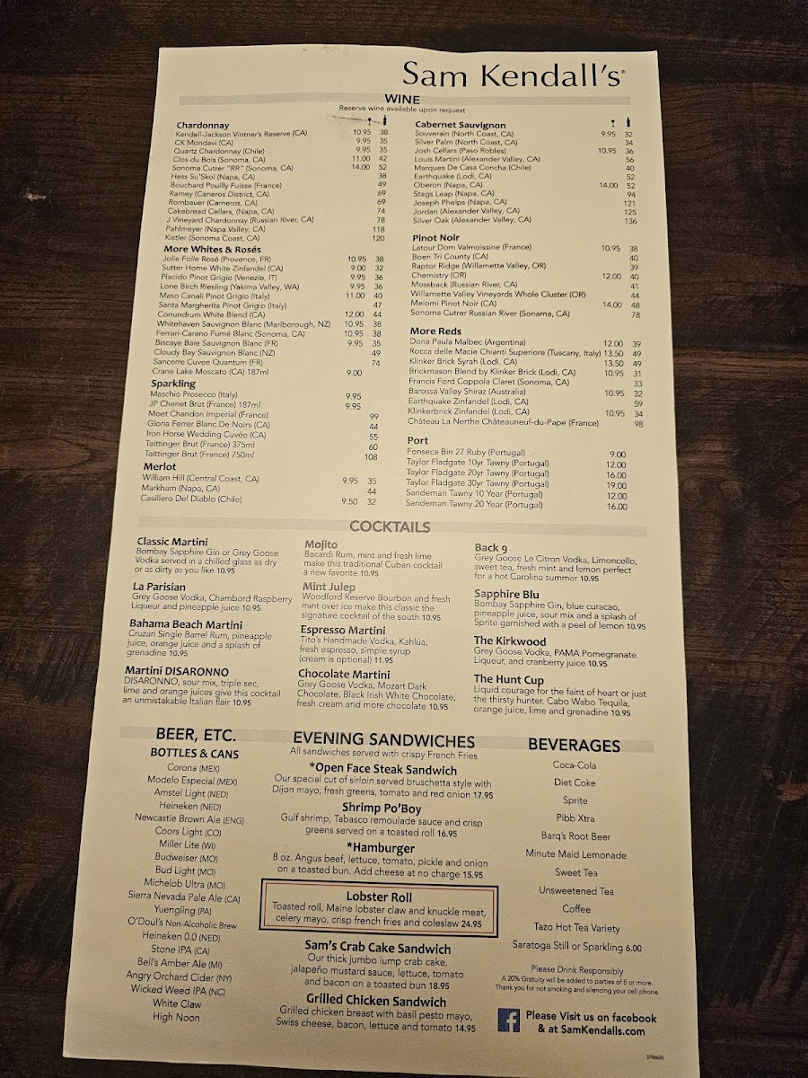 Menu Sam Kendall's-1