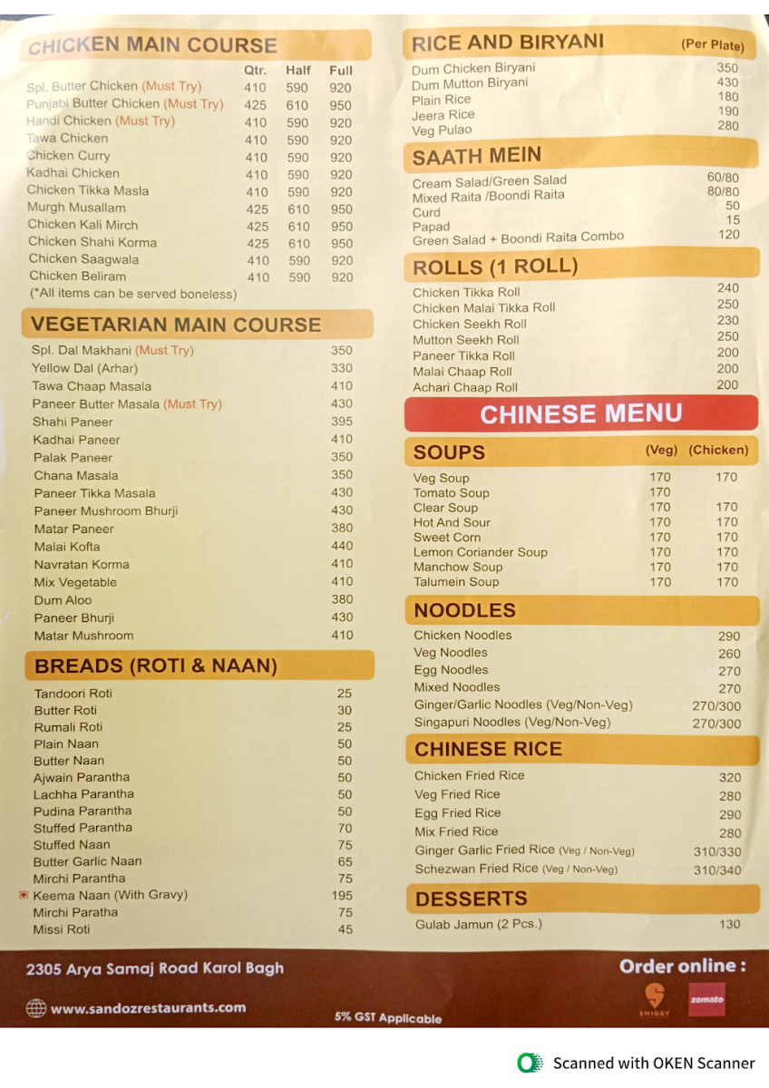 Menu Sandoz Restaurant - Karol Bagh-2