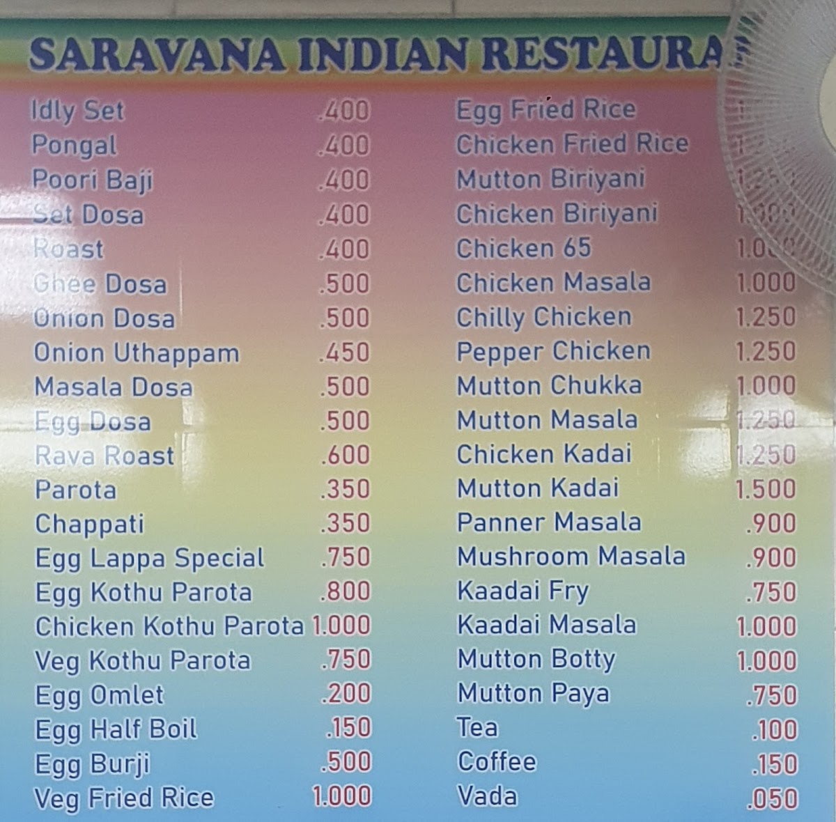 Menu Saravana Indian Restaurant-1