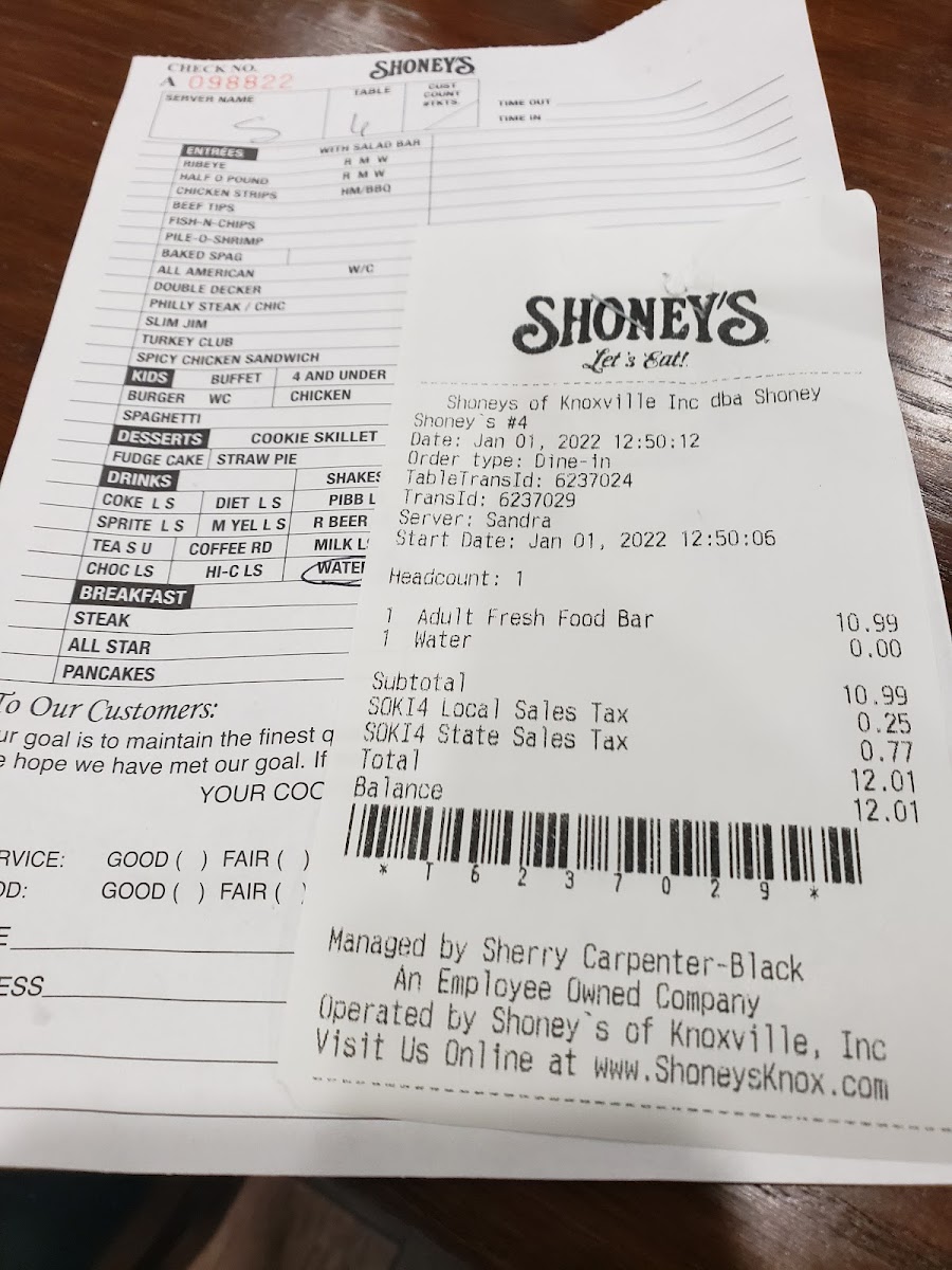 Menu Shoney's - Chapman Hwy-1