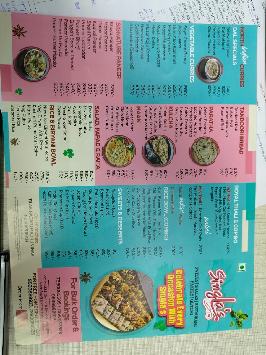 Menu Singla's Sweets Bakery & Restaurant - Dwarka-2