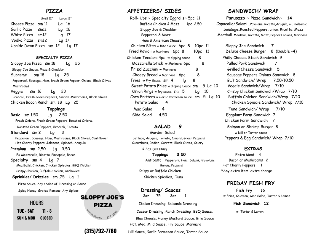 Menu Sloppy Joe's Pizza-1