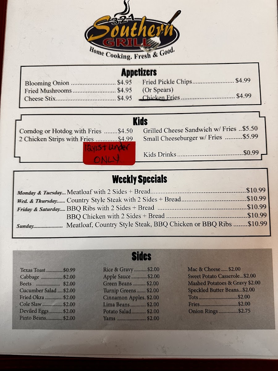 Menu Southern Grill 321-1
