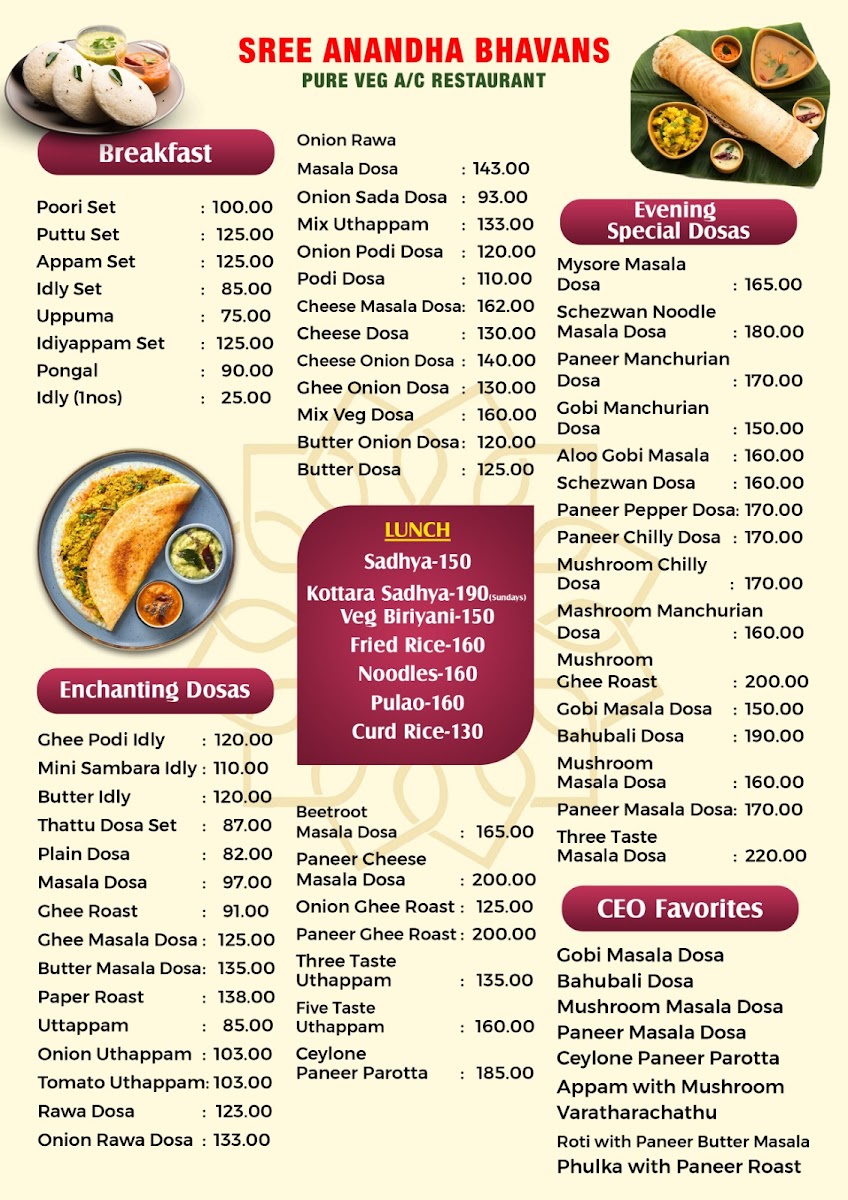 Menu Sree Anandha Bhavans Pure Veg A/c-3