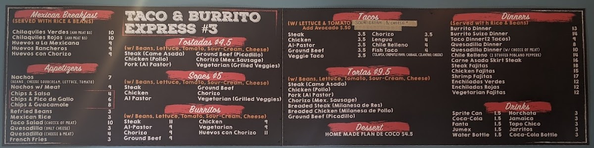 Menu Tacos & Burrito Express #3-4