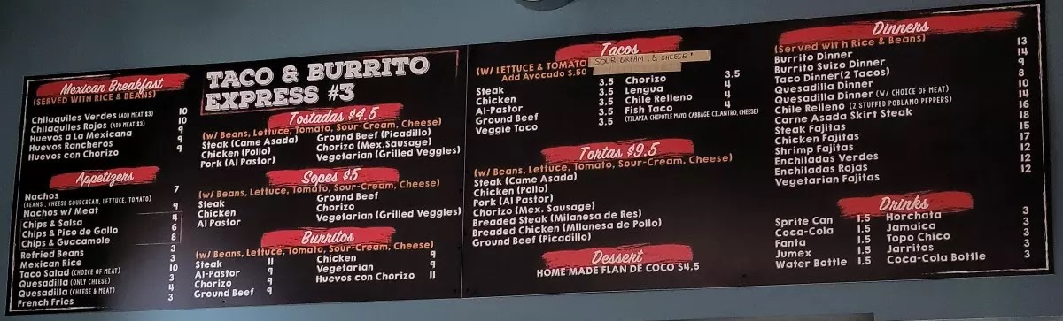 Menu Tacos & Burrito Express #3-5