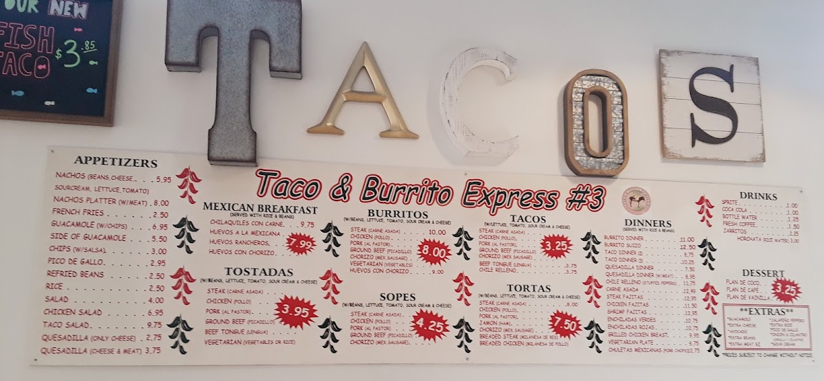 Menu Tacos & Burrito Express #3-7