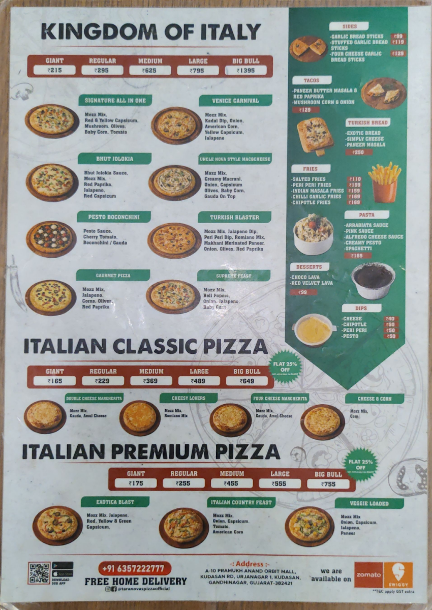 Menu Taranovas Pizza Gandhinagar-1
