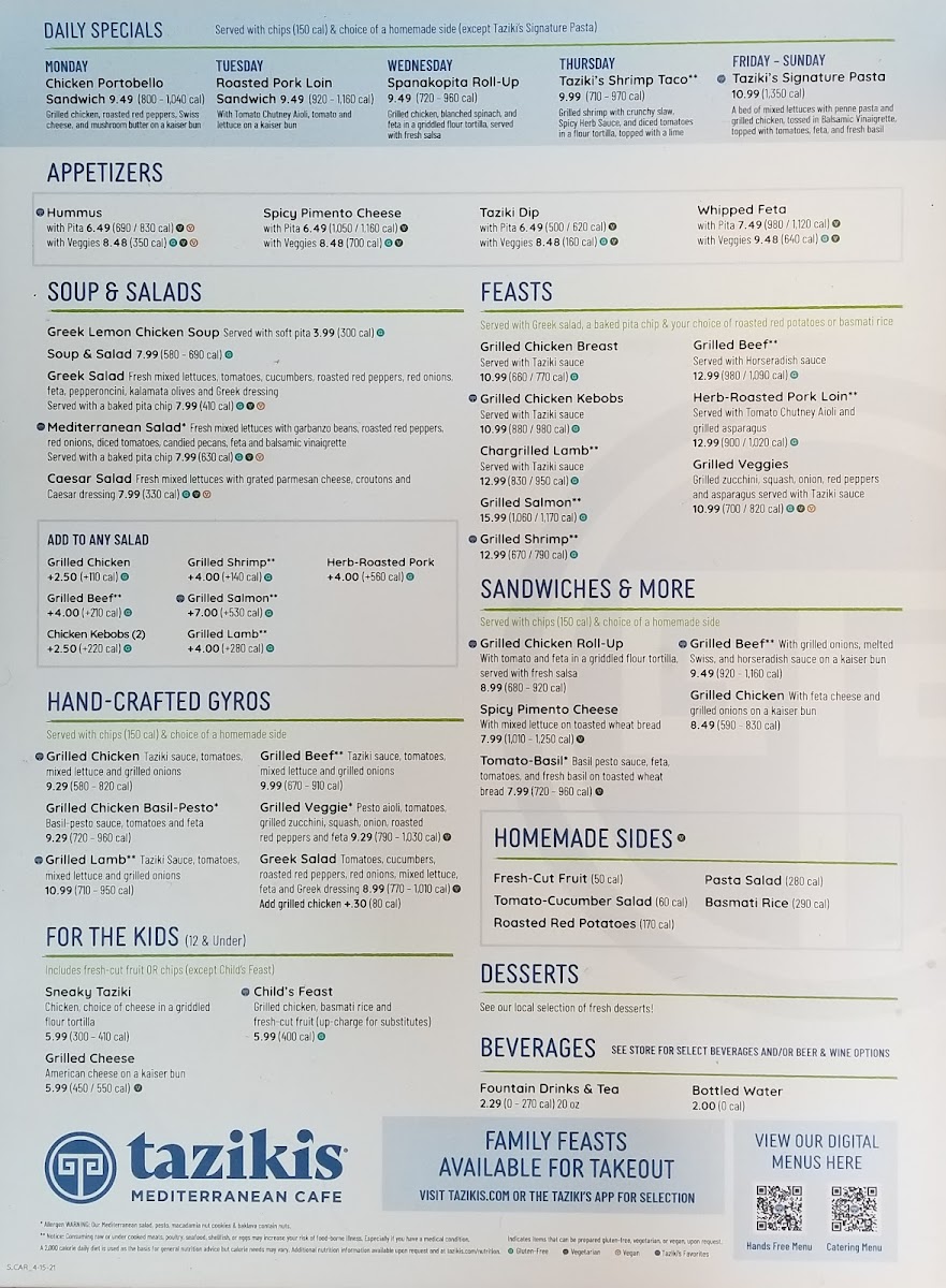 Menu Taziki's Mediterranean Cafe - Greenville-1