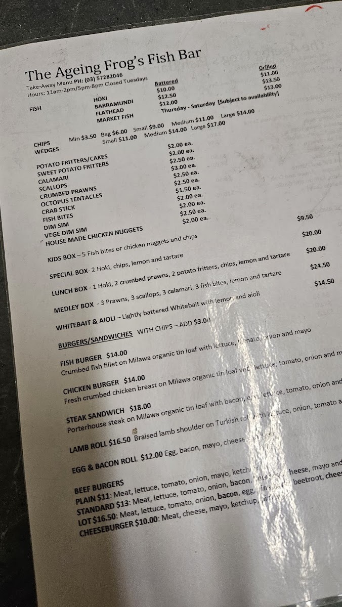 Menu The Ageing Frog Fish Bar-1
