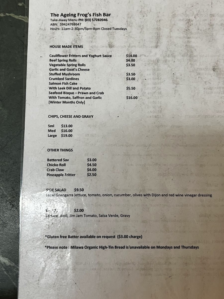 Menu The Ageing Frog Fish Bar-2