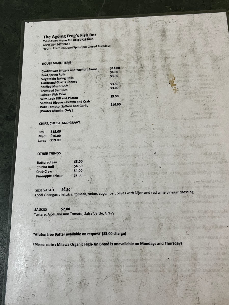 Menu The Ageing Frog Fish Bar-5