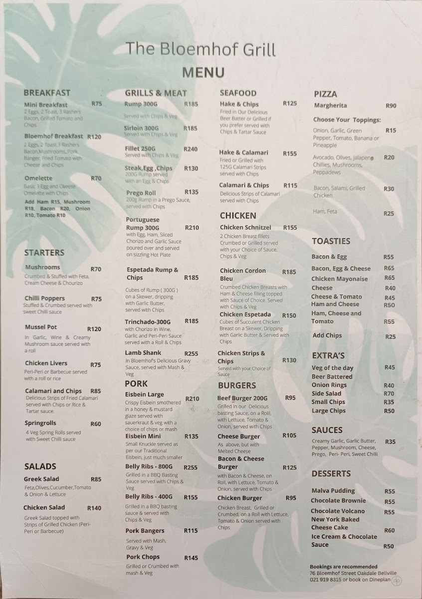 Menu The Bloemhof Grill And Guesthouse-1