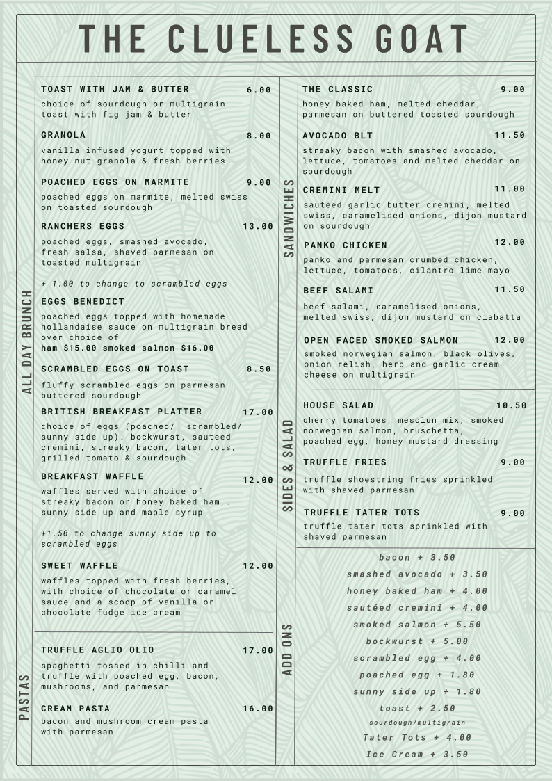 Menu The Clue-Less Goat-1
