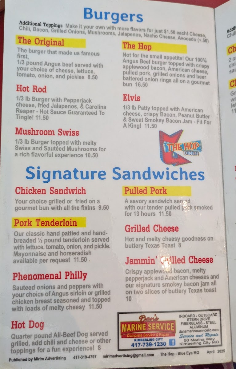 Menu The Hop Diner ( Formerly Oasis Of Blue Eye)-8