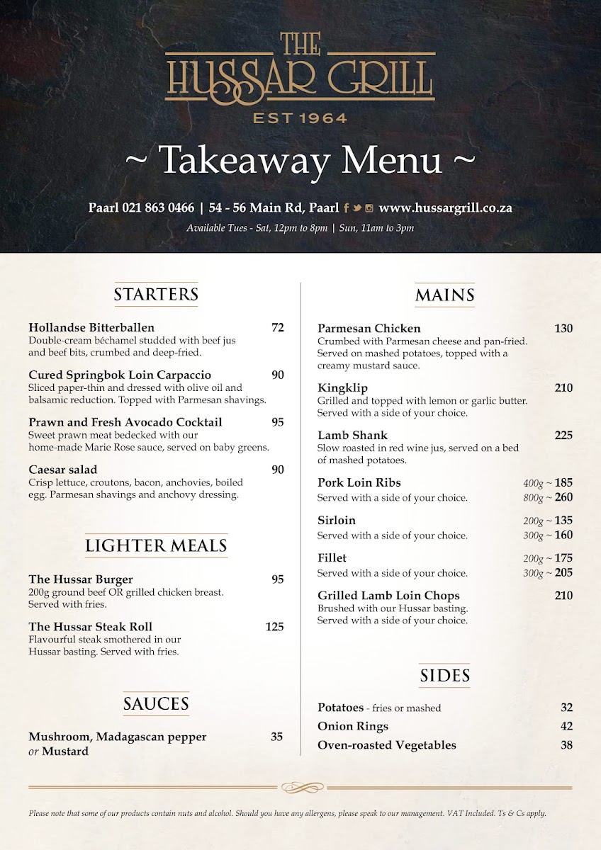 Menu The Hussar Grill Paarl-2