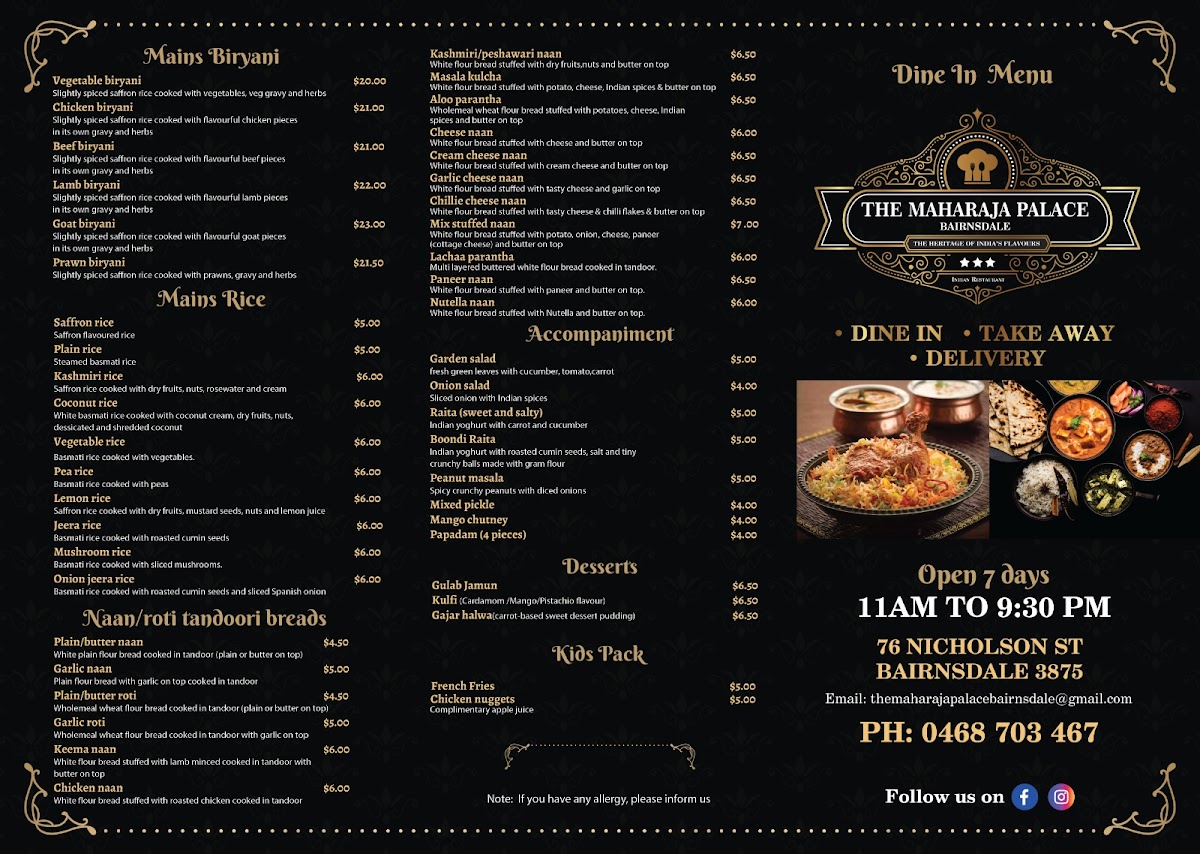 Menu The Maharaja Palace Bairnsdale-2