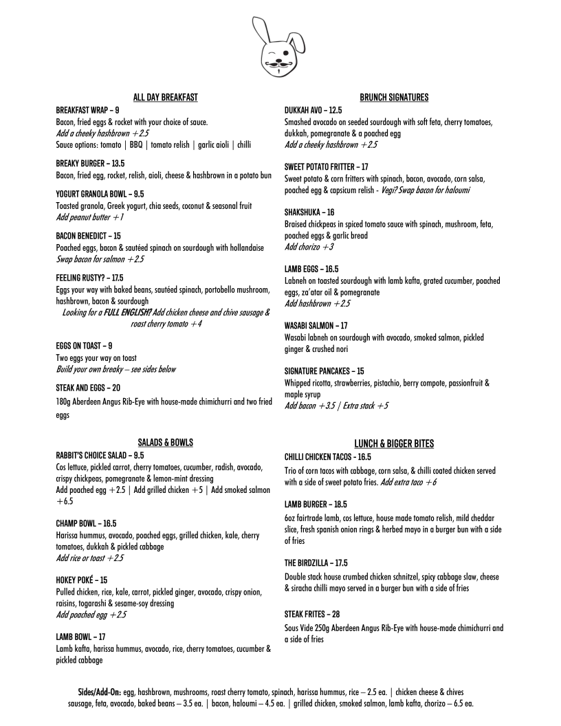 Menu The Rusty Rabbit - Australian Breakfast/brunch/lunch-1