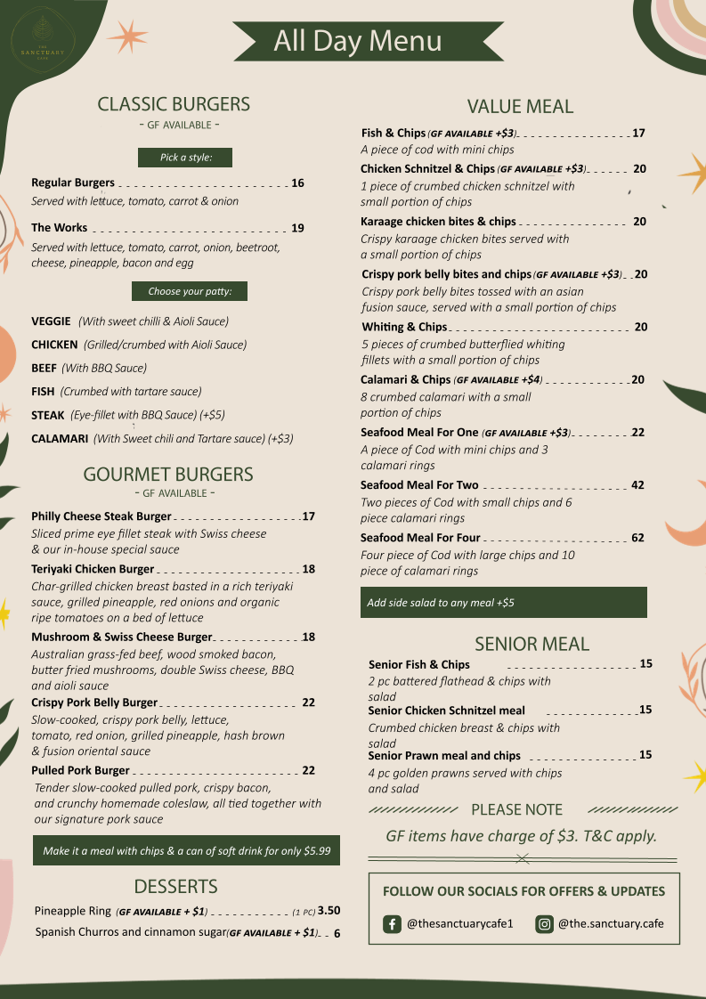 Menu The Sanctuary Cafe Dicky Beach-1