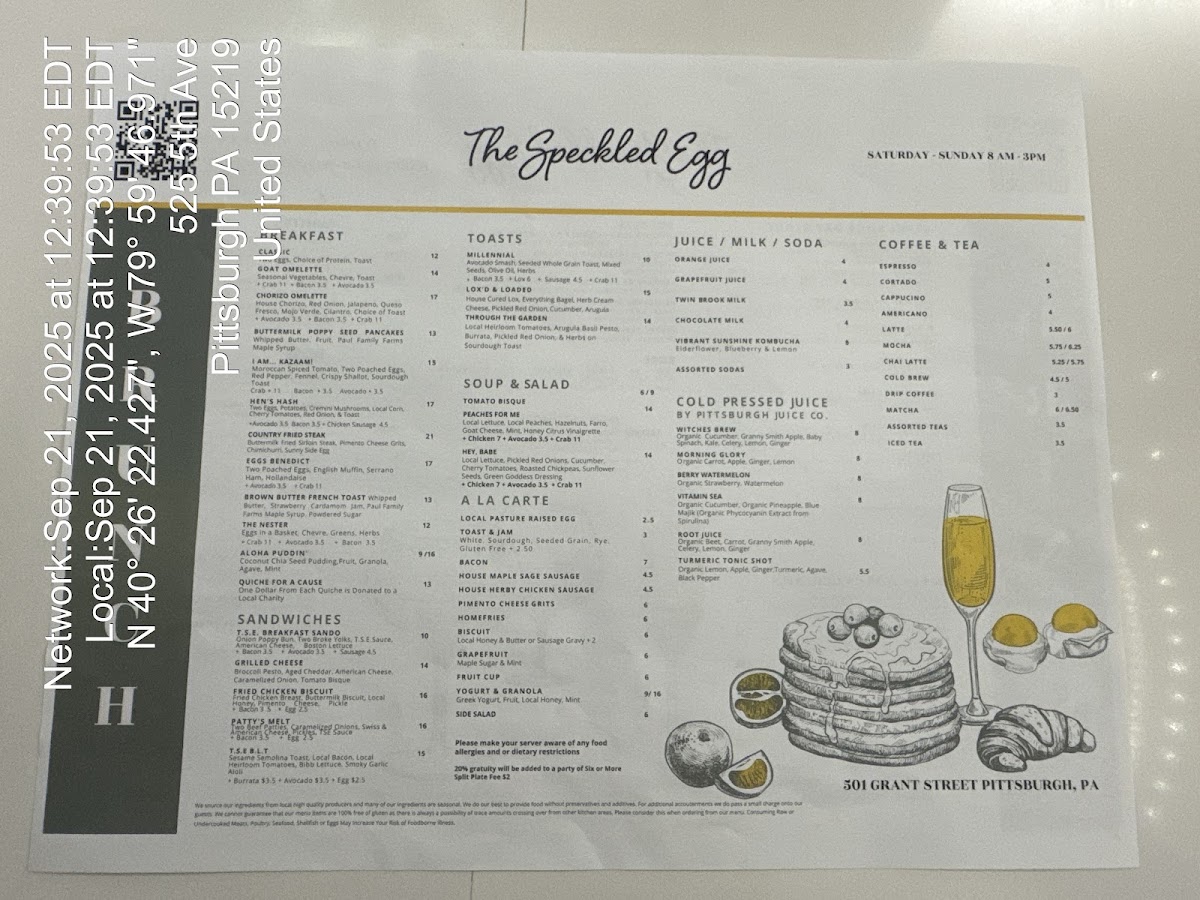Menu The Speckled Egg Pgh-1