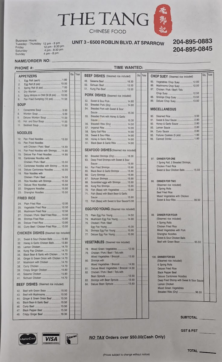 Menu The Tang Chinese Food 老鄧記 (Roblin Blvd)-1