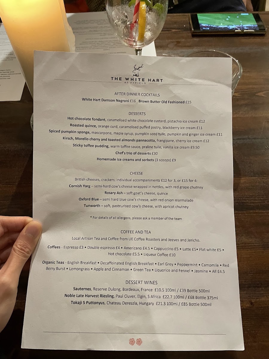 Menu The White Hart At Fyfield-1