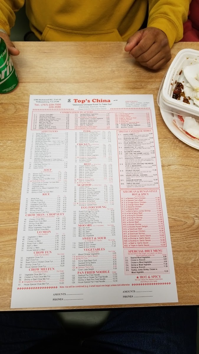 Menu Top's China-10