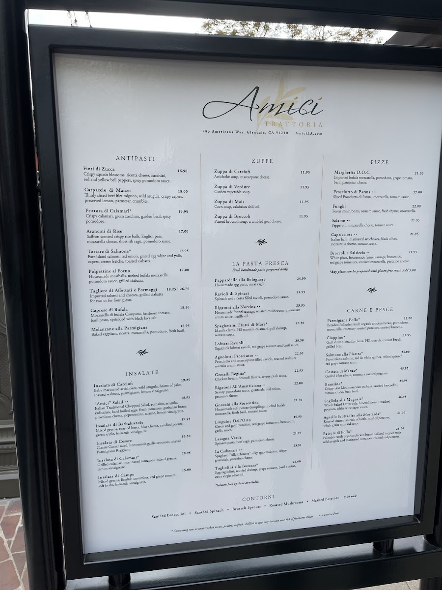 Menu Trattoria Amici At The Americana At Brand-10