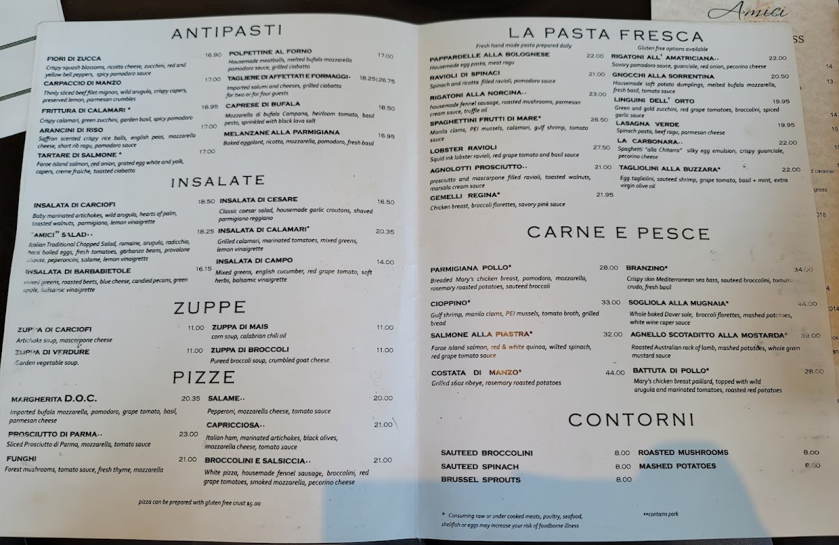 Menu Trattoria Amici At The Americana At Brand-9