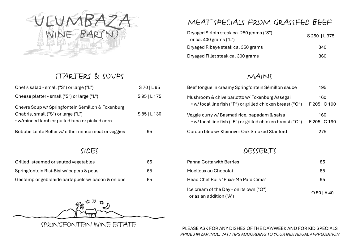 Menu Ulumbaza Wine Bar(N) @ Springfontein Wine Estate-1