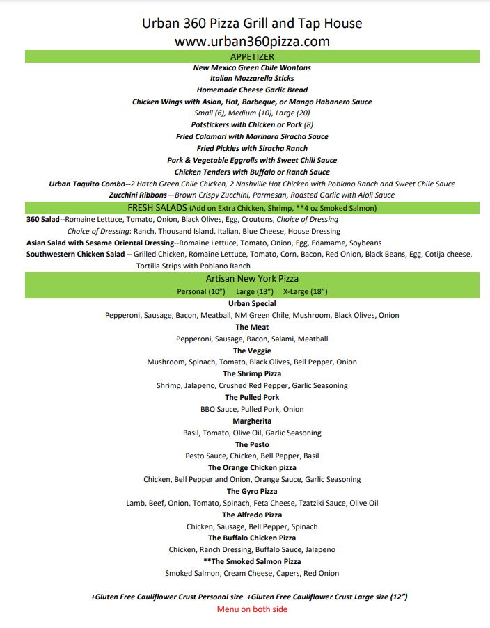 Menu Urban 360 Pizza, Grill And Tap House-7