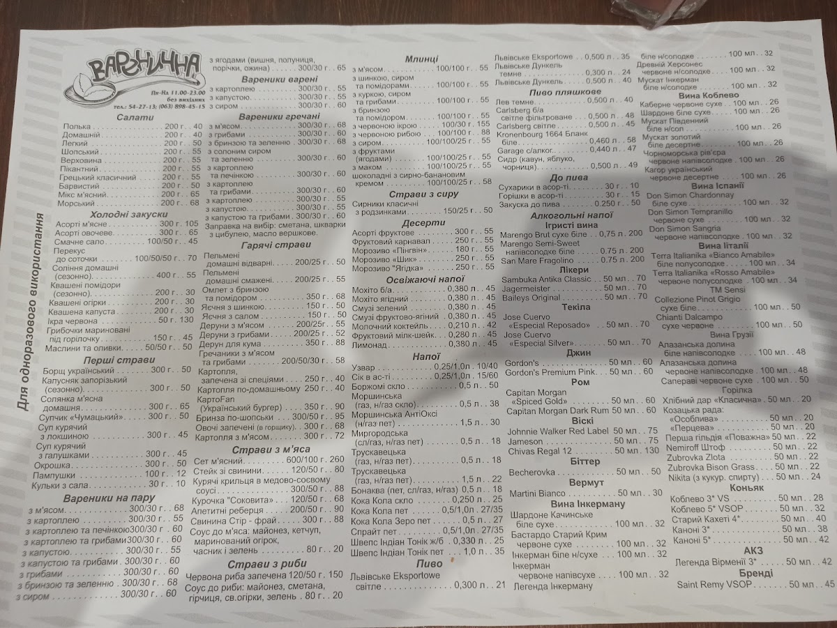 Menu Varenychna-10